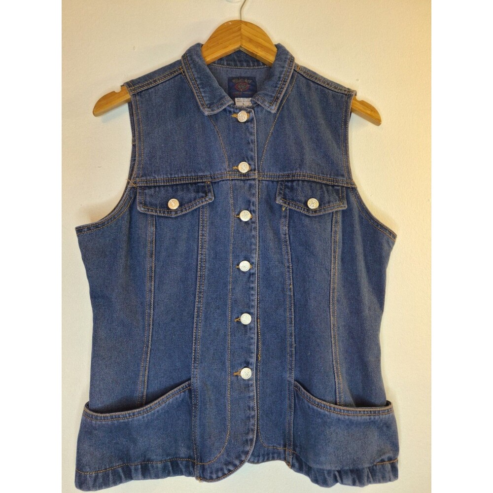 Womens Vtg Denim Trucker Vest Sz L Made in USA 90's Grunge Biker Cowgirl Western